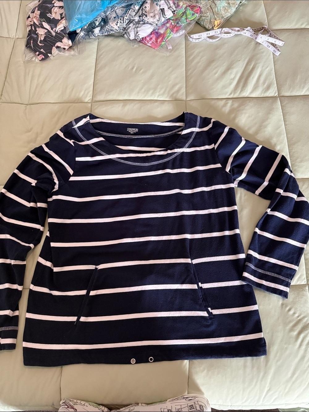 #0230 - Chadwick’s Nautical Navy & White Striped Pullover -L